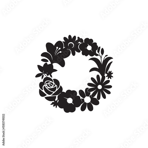 A circular floral wreath composed of various flower silhouettes, isolated on a plain white background