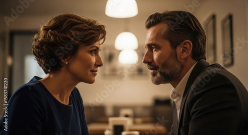 Elegant couple gazes at each other with affection, showcasing a romantic connection between a mature woman with short brown hair and a handsome man with a beard in a suit.