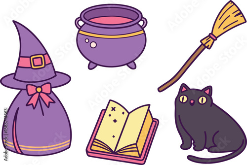 Halloween Witch Accessories Set with Hat Broom and Potion. Cute Halloween Witch Accessories Collection with Magical Items. Adorable Halloween Witch Props Set with Wand Book and Cauldron