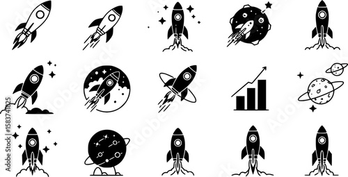 Set of rocket vector icons. Launch spaceship or spacecraft. Rocket fast flying for space. New business start up.
