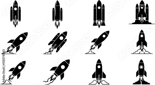 Set of rocket vector icons. Launch spaceship or spacecraft. Rocket fast flying for space. New business start up.
