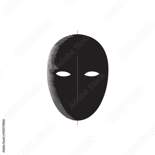 A stark black mask with empty white eyes and a textured side, isolated on a white background