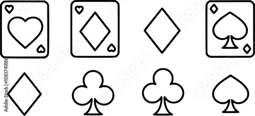 Set of playing card vector icons. Gambling game. Four card. Black outline icons.
