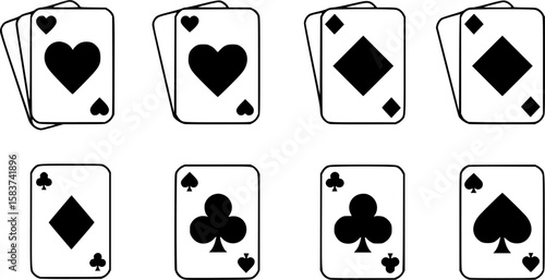 Set of playing card vector icons. Gambling game. Four card. Black outline icons.

