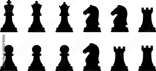 Set of chess vector icons. Black silhouette with chess. King, queen, pawn, horse and rook. Vector 10 Eps.
Set of chess vector icons. Black silhouette with chess. King, queen, pawn, horse and rook. Vec