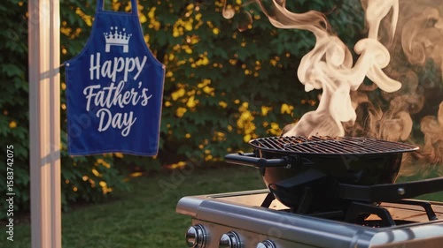 Father's Day BBQ: A vibrant scene unfolds as the grill sizzles, with an apron that expresses Father's Day. The grill is surrounded by lush greenery.