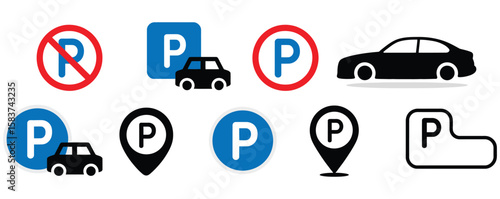 Parking icons assortment displays designated spots, prohibited areas, and related location symbols for vehicle traffic