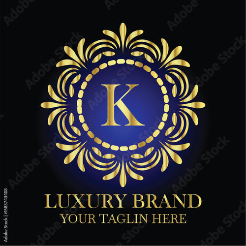 Elegant luxury brand logo with golden ornamental frame and letter K on royal blue background design

