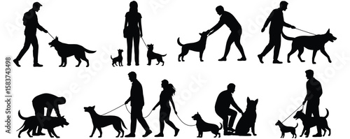 Set ilhouette of people and dog. illustration.Urban couple in love walking dogs on the leash vector silhouette illustration isolated. Owner handsome girl and boy with pets.