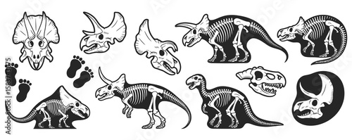 Graphical set of dinosaur skeletons isolated on black background,vector sketch.Collection of dinosaur skeletons and skull illustrations featuring triceratops and other prehistoric reptiles with fossil