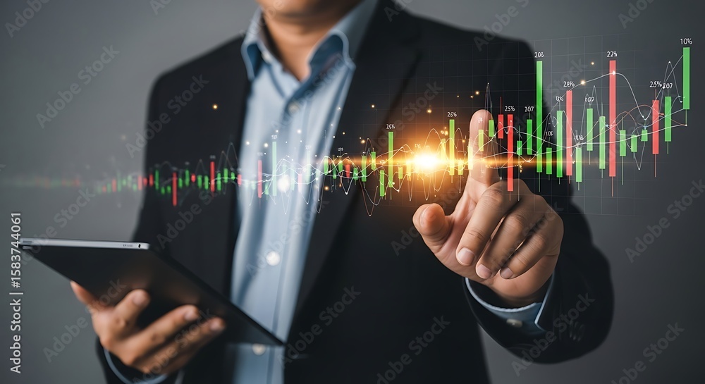 Fototapeta premium Businessman using tablet visualizing financial investment data