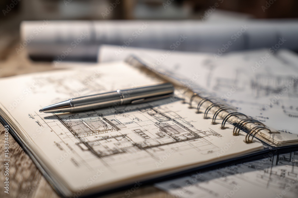 Fototapeta premium Detailed architectural plans with a silver pen resting on a wooden table in an office setting during the afternoon