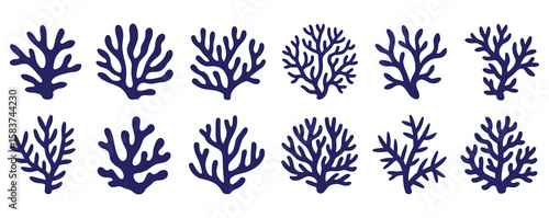Seaweed Silhouettes and Coral Black Icons: Abstract Ocean Art Collection.Different types of coral. Design elements collection. Simple monochrome vector illustration.
