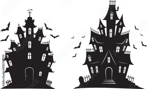 Haunted house with bats fence silhouette
