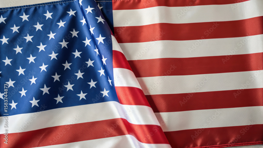 Fototapeta premium Close up view of American flag with stars and stripes, symbolizing patriotism and national pride. fabric texture is visible, highlighting vibrant red, white, and blue colors