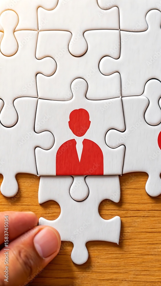 Fototapeta premium Hand placing a red person icon puzzle piece into a larger jigsaw puzzle