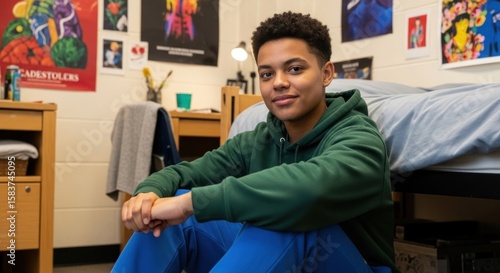 A young man with a green hoodie and blue pants sits in a dorm room, radiating a sense of calm and contentment, perfect for portraying college life and student experiences.
