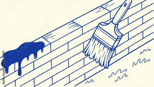 Painting brick wall with brush and blue paint, home improvement and renovation project illustration style