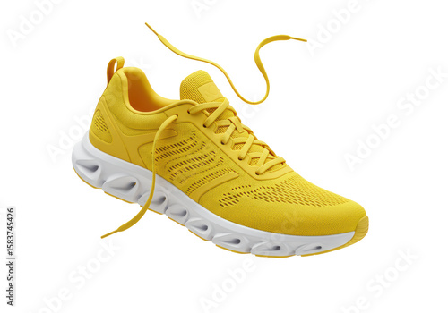 Isolated Bright Yellow Running Shoe with Floating Laces
