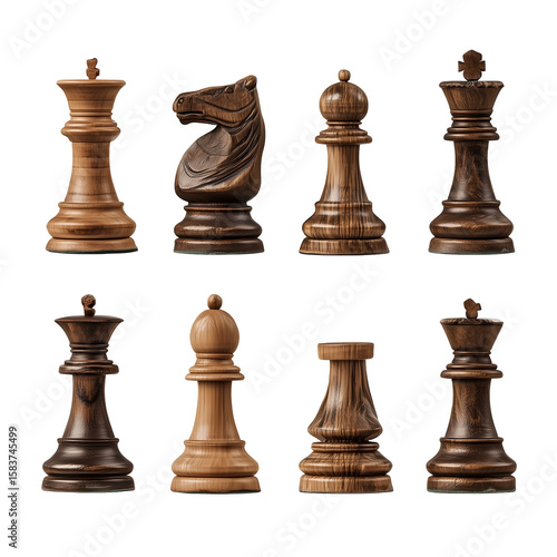 Wooden chess pieces isolated on transparent PNG background image perfect for board game illustrations or strategy-themed designs.