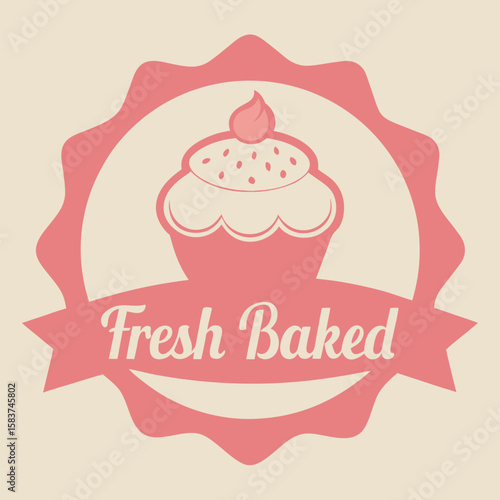 Pink cupcake badge with text Fresh Baked on a beige background vector graphic logo