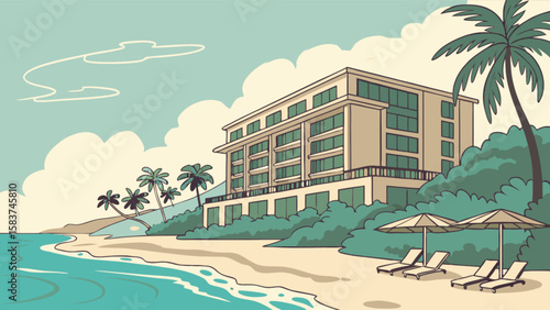 Beachfront resort hotel with palm trees and ocean view for tropical vacation travel destination getaway