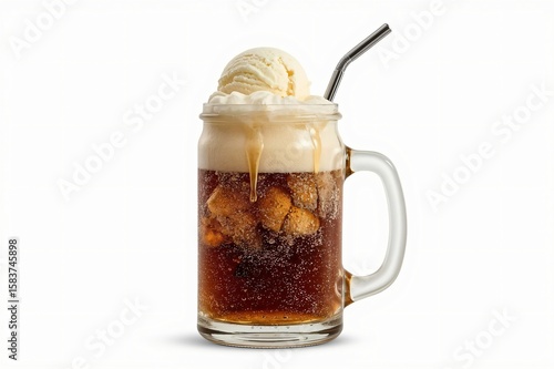 Creamy ice cream soda, studio shot, white background, summer drink