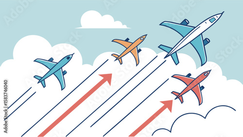 Airplane travel growth concept with airplanes flying in the sky with arrows showing growth 100