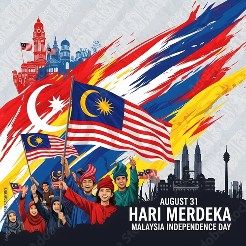 Malaysian people celebrate hari merdeka independence day with flags and city skyline