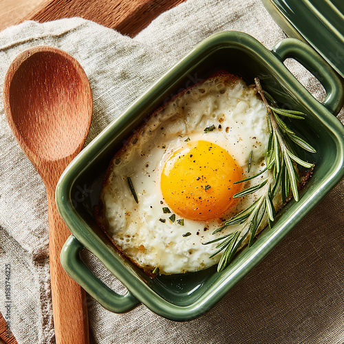 A perfectly fried egg with rosemary in a green ramekin, served with a wooden spoon