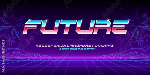 Sci-fi Font Type in Retro Futurism style. Shiny iron effect Alphabet of letters and numbers in 80's vintage aesthetic. Cyberpunk typography with abstract neon beach background. Vector retro font type