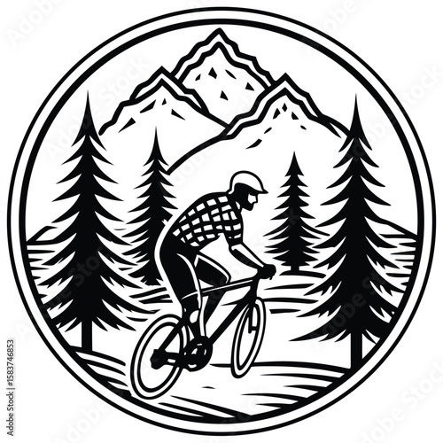 Vector art of mountain biker riding through a scenic forest
