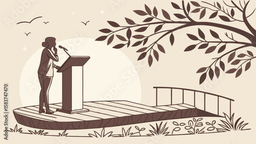 Speech presentation event at podium with microphone in outdoor setting under tree branches design