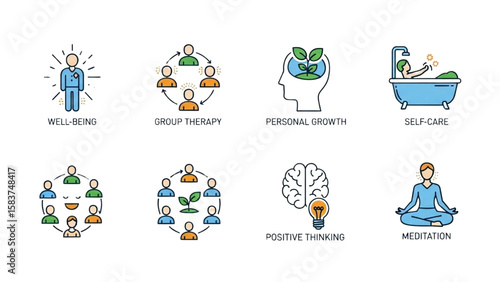 Mental Health and Wellness Line Icon Set – Thin Vector Outline of Therapy, Self-Care, Growth, and Meditation Concepts

