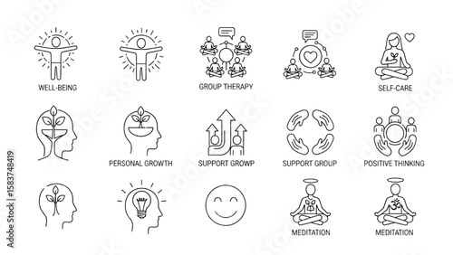Mental Health and Wellness Line Icon Set – Thin Vector Outline of Therapy, Self-Care, Growth, and Meditation Concepts

