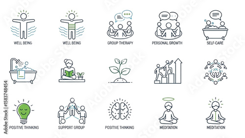 Mental Health and Wellness Line Icon Set – Thin Vector Outline of Therapy, Self-Care, Growth, and Meditation Concepts

