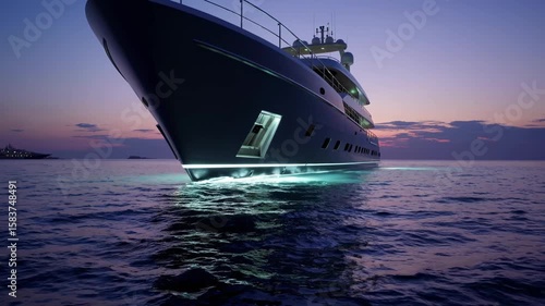 Luxury Yacht: A sleek, modern yacht glides gracefully through calm waters under a twilight sky, exuding opulence and serenity.