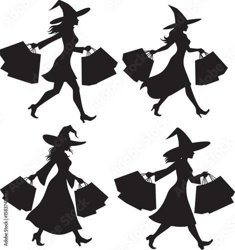 Witch shopping carrying bags silhouette