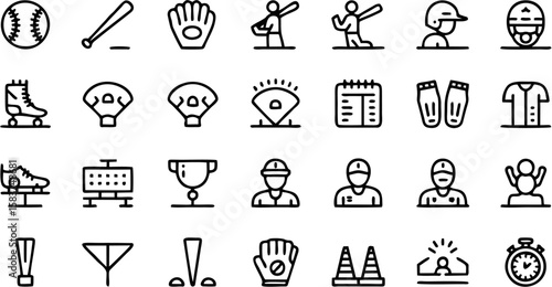 Dynamic Baseball Vector Icon Set featuring bats, balls, gloves, helmets, players, scoreboard, and field elements—perfect for sports apps, merch, and promotions.

