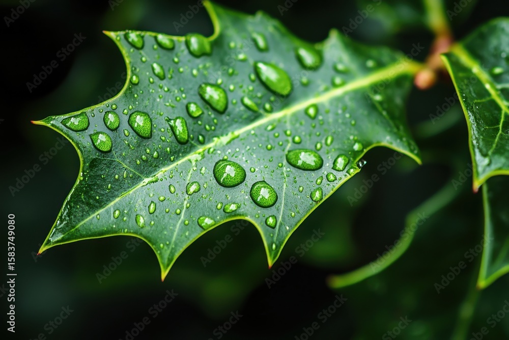 Fototapeta premium Freshly raindropped holly leaf glistens in the lush greenery after a summer rain shower