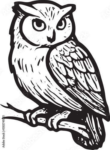 Detailed black and white illustration of an owl perched gracefully on a branch