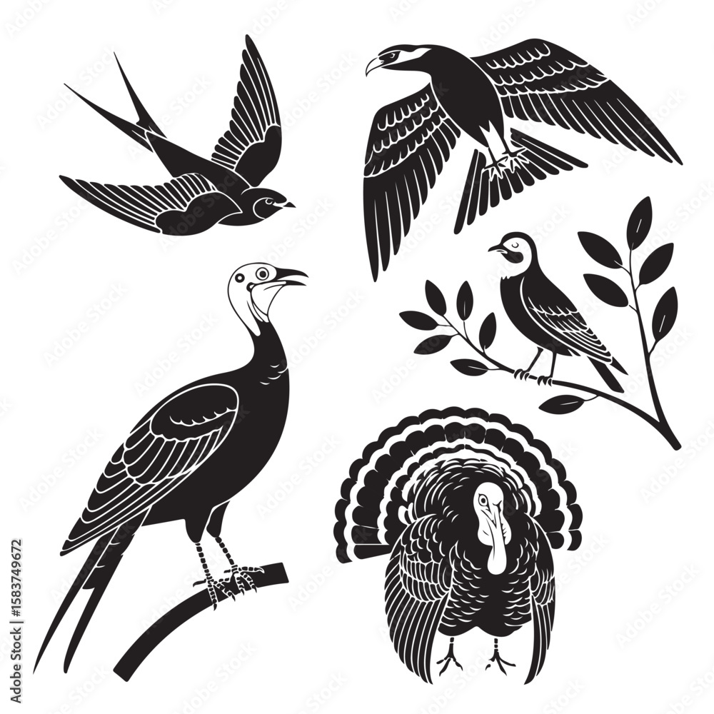 Naklejka premium Black Bird Silhouettes Set - Flying, Perching, and Standing