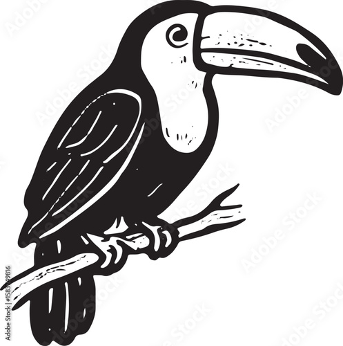 Stylized black and white illustration of a toucan bird perched on a branch