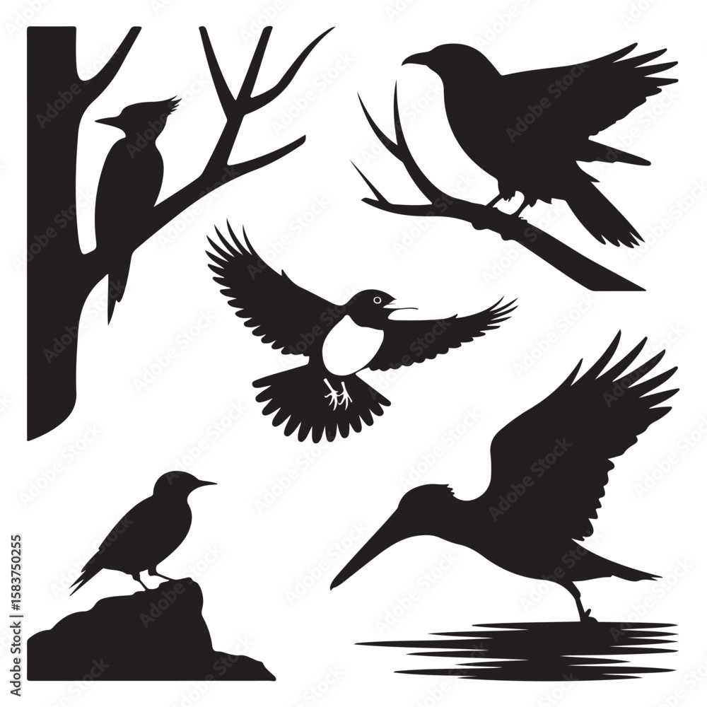 Obraz premium Black Bird Silhouettes Set - Flying, Perching, and Standing