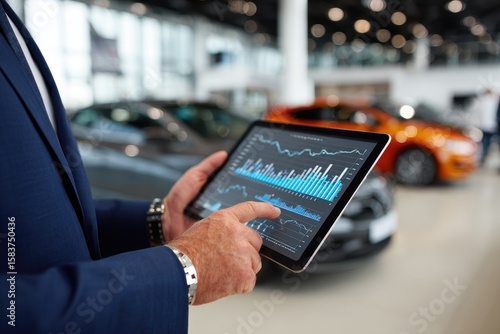 Wallpaper Mural Businessperson reviews financial data on a tablet in a modern automotive showroom while analyzing market trends and vehicle sales performance Torontodigital.ca