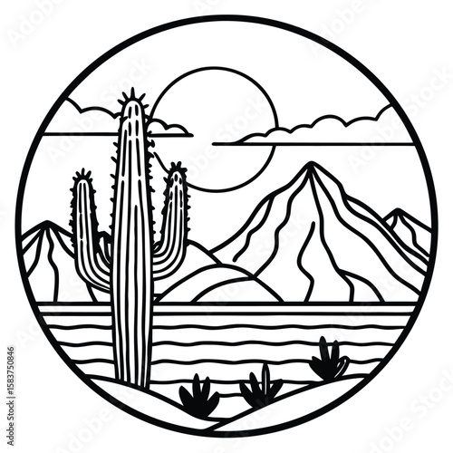 Vector art of desert landscape with cactus and mountains