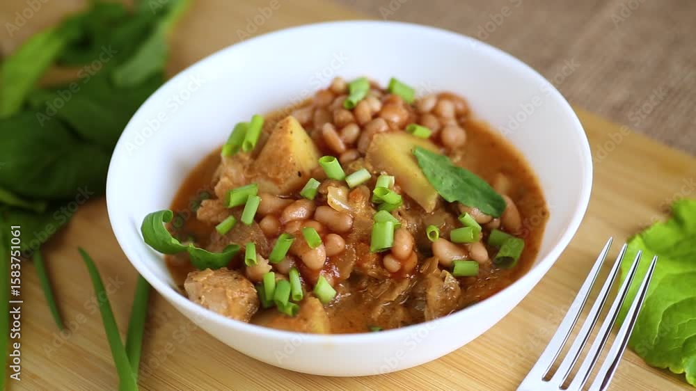 Hot dish of potatoes, meat and vegetables on a country table Hot dish of potatoes, meat and vegetables on a country table