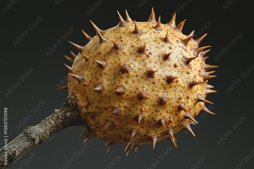 Close-up of a spiky, light-tan chestnut bur attached to a dark stem Close-up of a spiky, light-tan chestnut bur attached to a dark stem