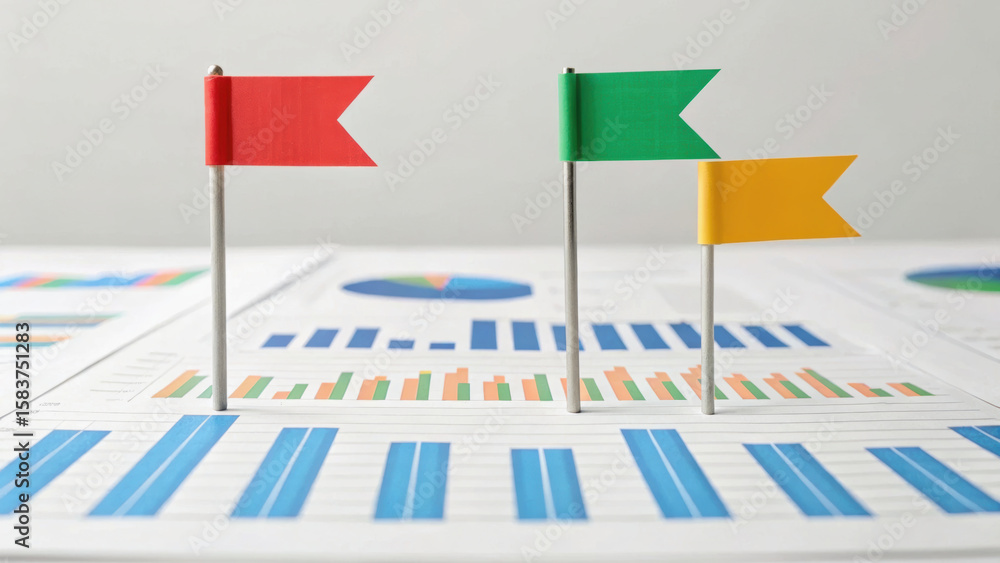 Fototapeta premium Colorful flags on financial charts symbolize data analysis and market trends. image conveys sense of strategic planning and business growth