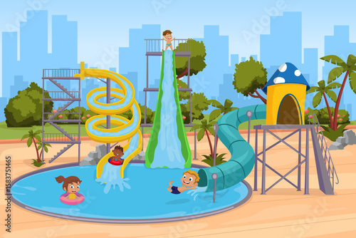 Kids playing on colorful water slides at aqua park